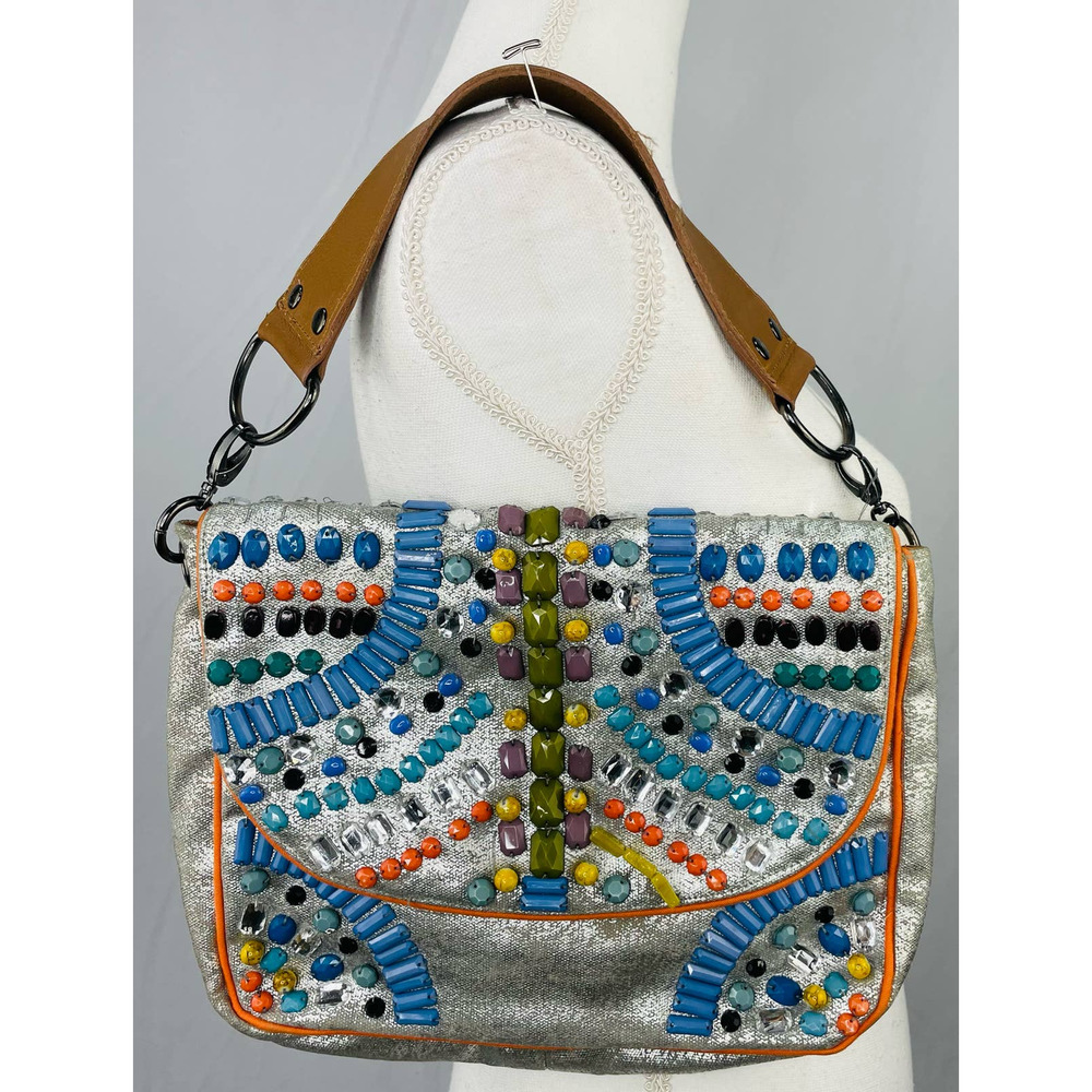 Anthropologie JASPER & JEERA Silver Metallic Jeweled Purse Brown Leather Strap
